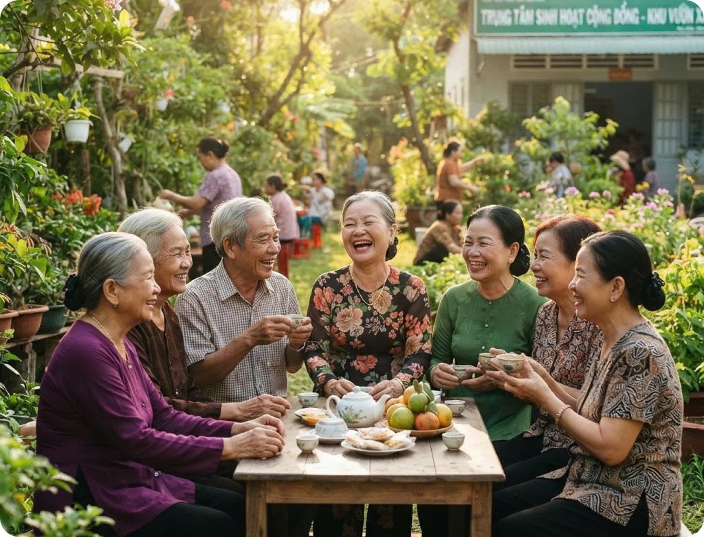 Cộng đồng người cao tuổi Làng Thanh Xuân quây quần uống trà trong vườn